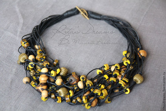 Buy Beads Dijon mustard, yellow multi-row black cord lush beads on Livemaster online shop