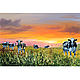 Картина маслом Коровы на лугу Пейзаж с закатом, Картины, Санкт-Петербург,  Фото №1