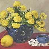 Картины и панно handmade. Livemaster - original item Oil painting. Chrysanthemums in a blue teapot.. Handmade.