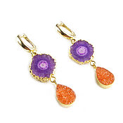 Украшения handmade. Livemaster - original item Earrings with solar quartz and agate druse, purple, orange. Handmade.