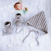 Работы для детей, handmade. Livemaster - original item A gift for a newborn: a hat and booties for a boy gray. Handmade.