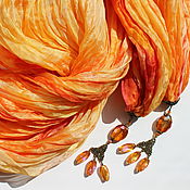Шарф синий оранжевый из шелка Длинный палантин Женский шелковый шарф