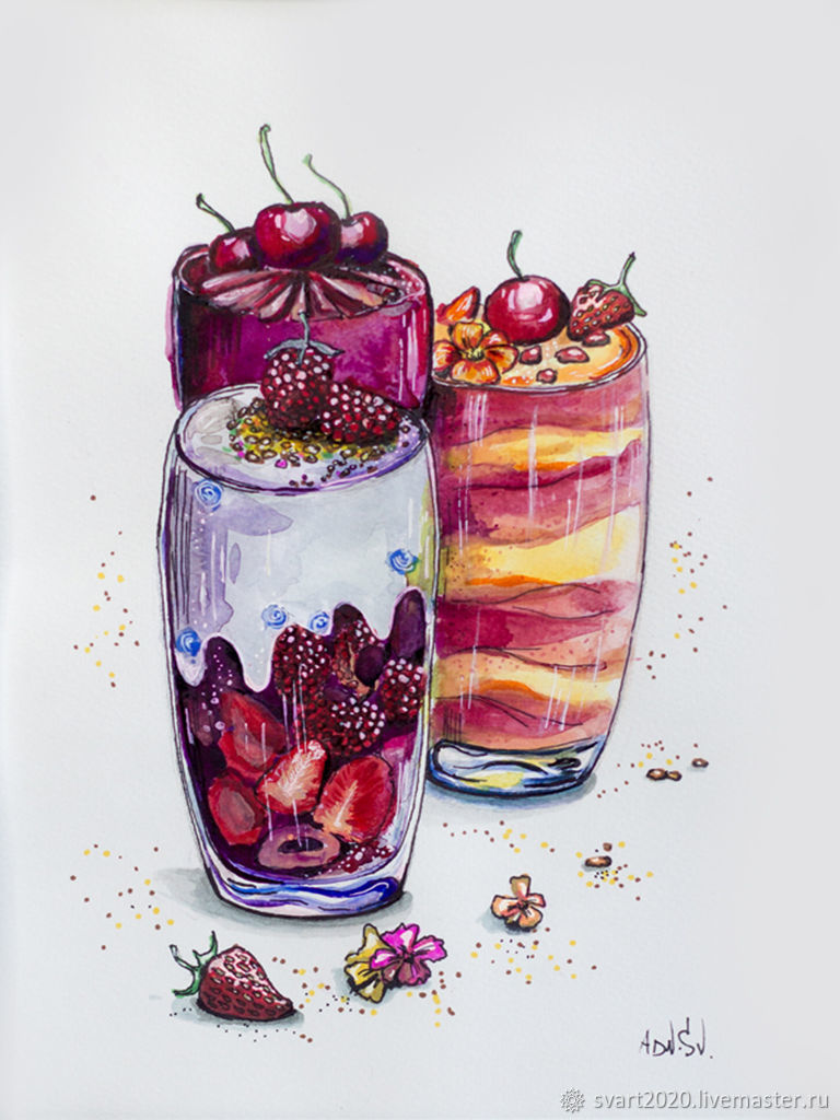 Картина натюрморт для кухни акварелью ягодный фреш купить в интернет ...
