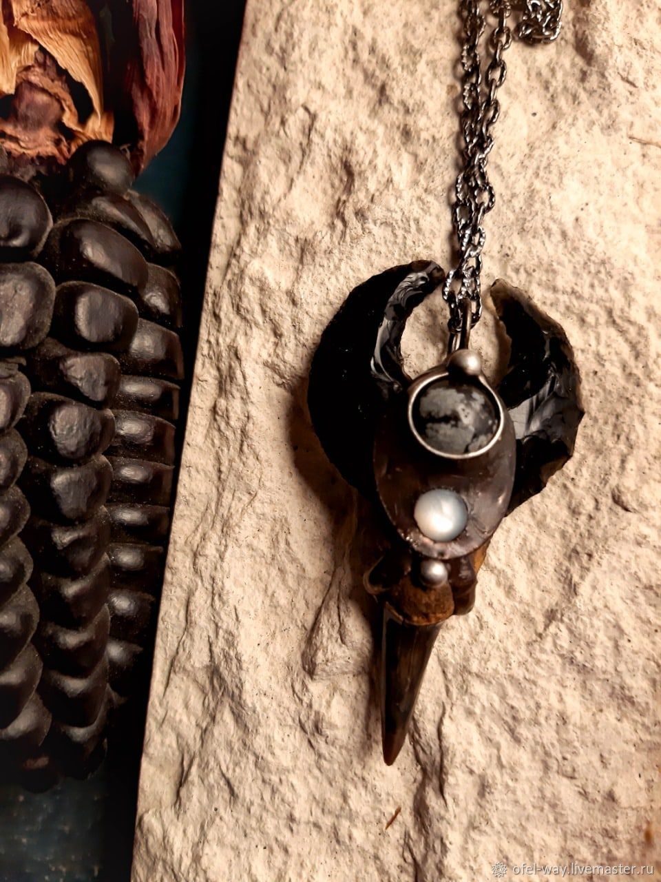 Shark Tooth pendant with obsidian moon (p-107), Pendants, St. Petersburg,  Фото №1
