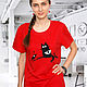Красная женская футболка Котик, свободная летняя футболка из хлопка, Футболки, Новосибирск,  Фото №1