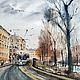 Картина с трамваем в городском пейзажем весной акварель 30х40, Картины, Санкт-Петербург,  Фото №1