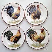Посуда handmade. Livemaster - original item Painted porcelain Plate Rooster collection 4-piece. Handmade.