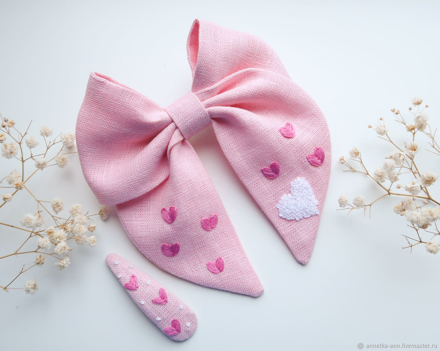 Bow and hairpin, linen - embroidery Hearts and clouds, Hairpins, Fryazino,  Фото №1