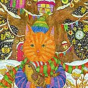 Картины и панно handmade. Livemaster - original item Picture cat and bird in the forest Winter Fairy tale Pictures with cats for home. Handmade.