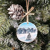 Сувениры и подарки handmade. Livemaster - original item Christmas tree toy, painting on a cut of a tree Winter forest. Handmade.