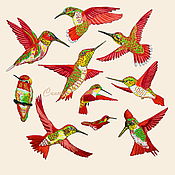 Материалы для творчества handmade. Livemaster - original item Applique embroidery patch birds Hummingbird red . stripe on clothes. Handmade.