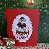 Открытки handmade. Livemaster - original item Cross stitch postcard Christmas cup cakes & Christmas Pudding. Handmade.