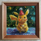 Картины и панно handmade. Livemaster - original item New Year`s Pikachu. Miniature framed painting. Handmade.