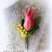 Украшения handmade. Livemaster - original item Silk tulip and mimosa brooch Easter gift for girl. Handmade.