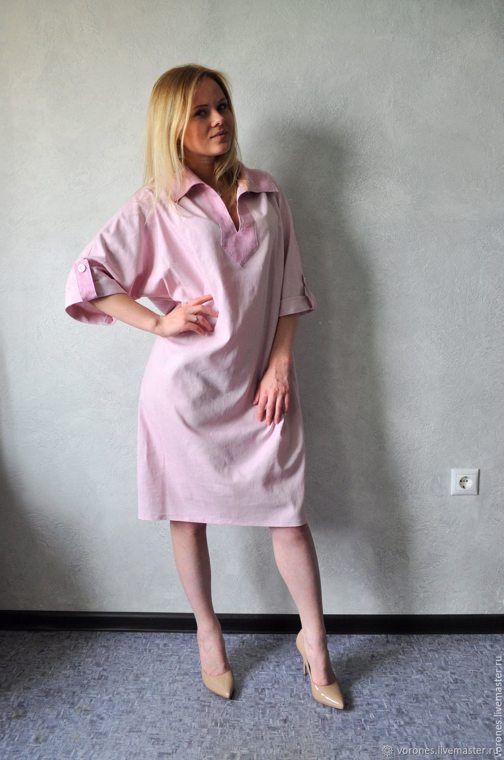 Платье льняное комбинированное - основной пыльная роза в интернет ...