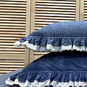 Для дома и интерьера handmade. Livemaster - original item Boiled cotton bed linen with lace. Blue jeans. Handmade.
