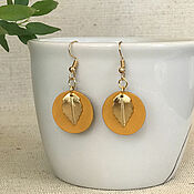 Украшения handmade. Livemaster - original item Yellow leather jewelry earrings with a golden leaf. Handmade.