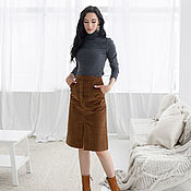 Одежда handmade. Livemaster - original item Skirt brown cotton corduroy Chocolate with a slit and pockets. Handmade.
