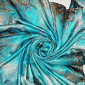 Платок батик "Бирюзовая роза" натуральный тонкий шелк