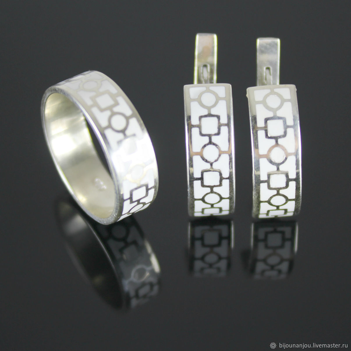 Earrings and ring White Monochrome 925 sterling silver and enamel, Jewelry Sets, Yerevan,  Фото №1