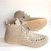 Обувь ручной работы handmade. Livemaster - original item Knitted boots with lacing, grey linen. Handmade.