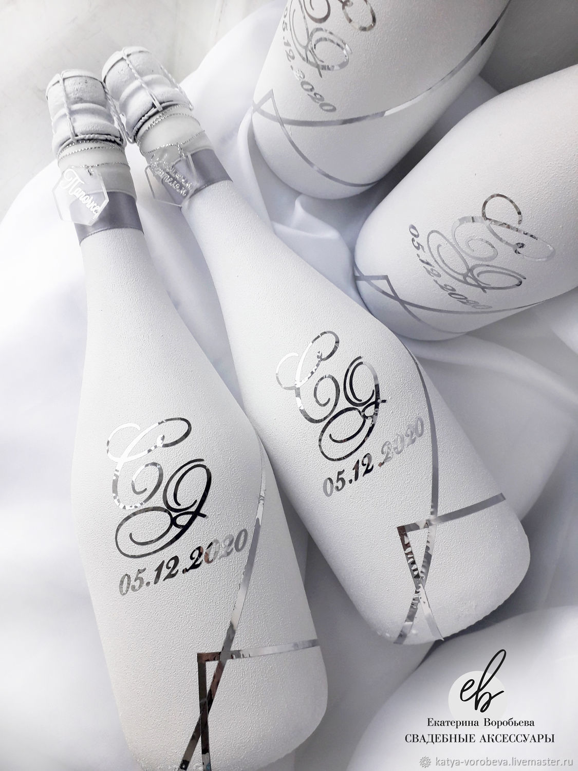 Декор свадебного шампанского белый и серебристый, Бутылки свадебные, Дзержинск,  Фото №1