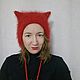 Чепчик из ангоры с микропайетками котошапка в красном цвете, Шапки, Санкт-Петербург,  Фото №1