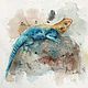 Lizard in the sun. Watercolor. ( Turquoise, brown, orange, red), Pictures, Ekaterinburg,  Фото №1