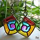 Brass wire wrapped earrings "Rainbow square direct"