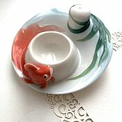 Винтаж handmade. Livemaster - original item Porcelain saucer egg tray and salt shaker Fish relief porcelain. Handmade.