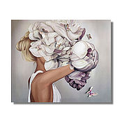 Картина с ЛЕПНИНОЙ, пион, цветы, картина с девушкой, панно, абстракция