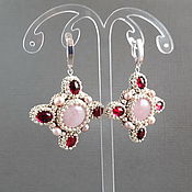 Украшения handmade. Livemaster - original item Silver Earrings with Rose Quartz and Pearls, pink cross earrings. Handmade.