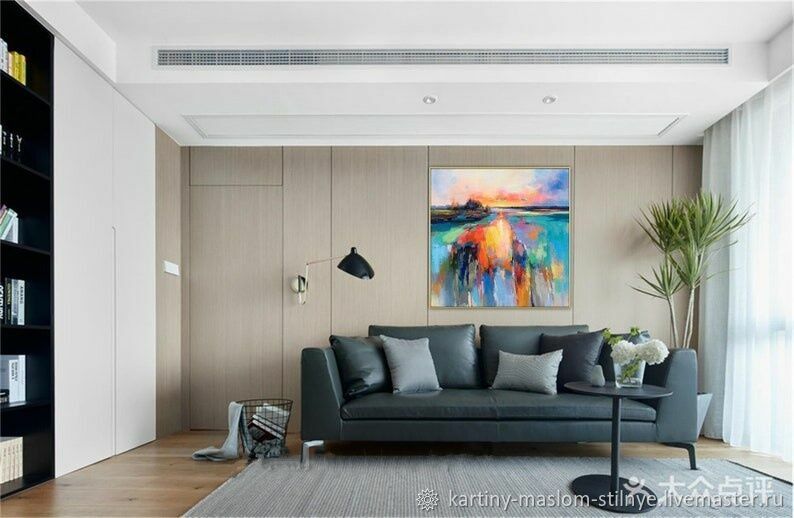 Картина маслом на холсте в гостиную над диваном Восход солнца Пейзаж в ...