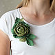 Роза зеленая из ткани, брошь оливковая крупный цветок на зажиме, Брошь-булавка, Москва,  Фото №1