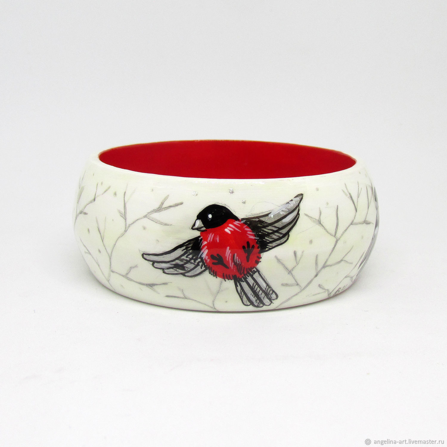 Wooden bracelet with the painting 'Bullfinches', Hard bracelet, Sizran,  Фото №1