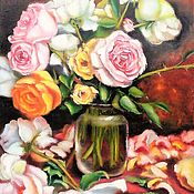 Картины и панно ручной работы. Ярмарка Мастеров - ручная работа Pintura al óleo con rosas de color Rosa de la fiesta. Handmade.