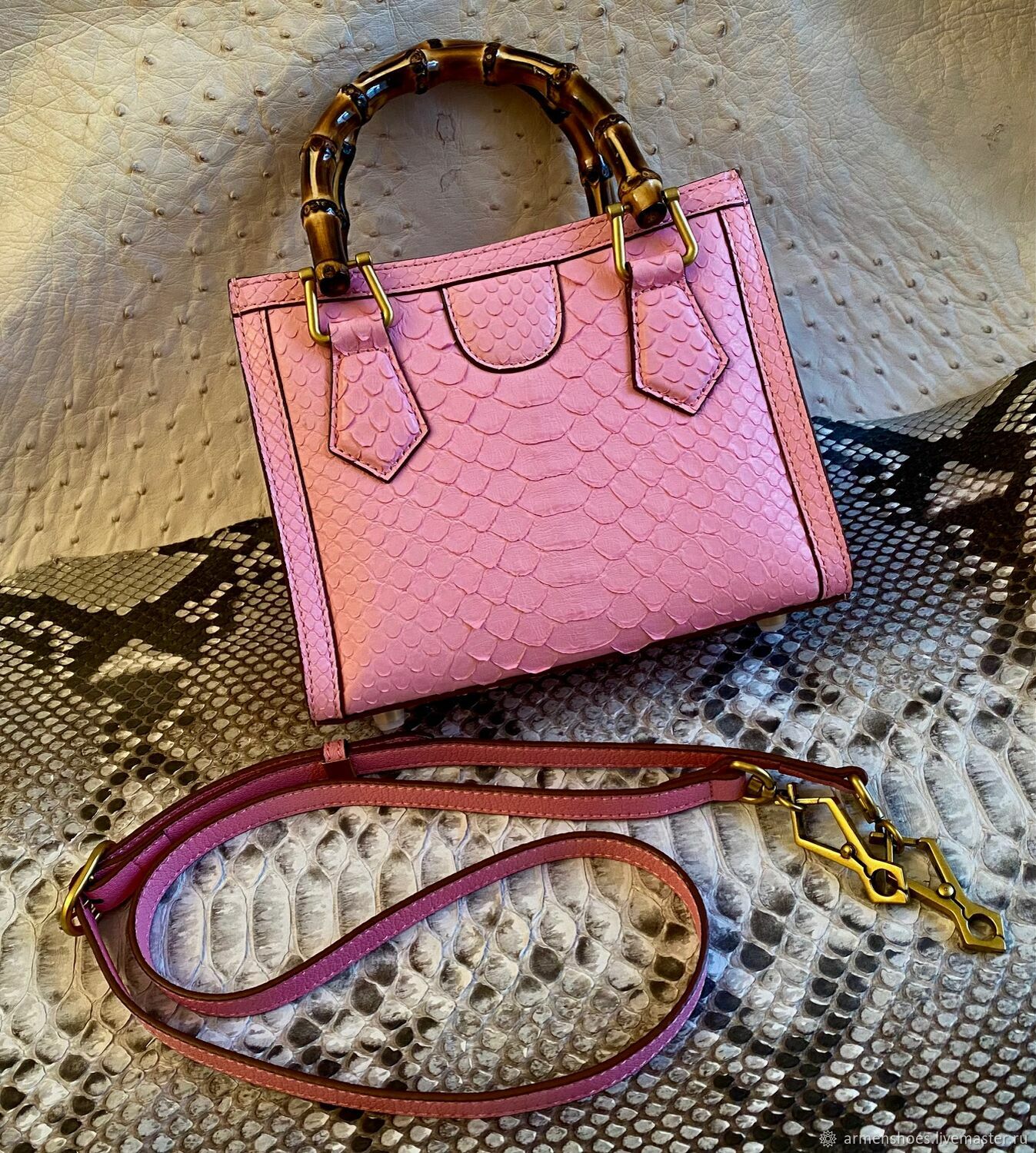 Mini handbag, made of genuine python leather, in pink!, Crossbody bag, St. Petersburg,  Фото №1