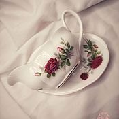 Винтаж: Чайная пара с розовыми цветами ручная роспись 30 ые Phcenix China
