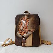 Сумки и аксессуары handmade. Livemaster - original item Leather backpack with engraving and painting Red kitten). Handmade.