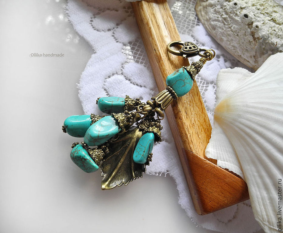 Брелок для ключей, украшение на сумку Каменный Цветок Бирюза, Бронза