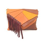 Leather handbag with tassel Pink striped clutch bag