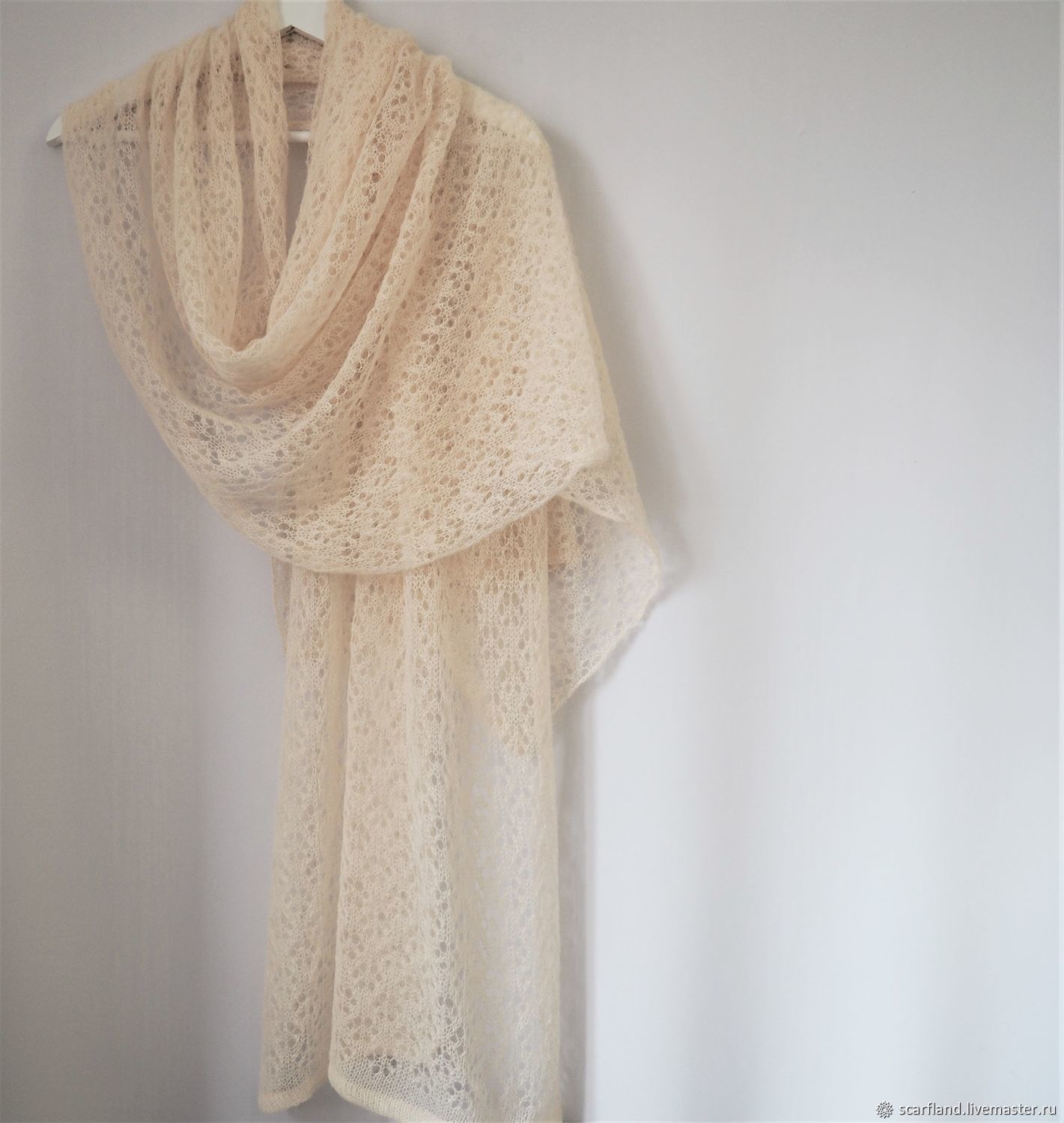 Stole Openwork cream Knitted Kid Mohair Lace Scarf, Wraps, Cheboksary,  Фото №1