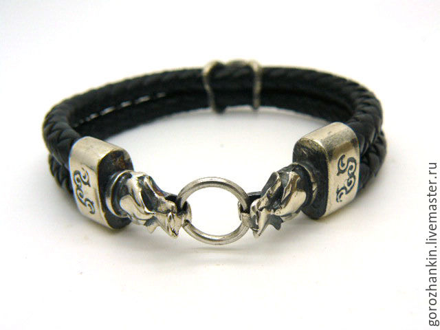 Double leather bracelet sterling silver `Wolves` weight of silver, 18 gr handmade gift man man new year birthday on February 23 on the every day biker
