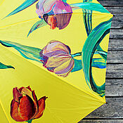 Аксессуары handmade. Livemaster - original item Yellow Umbrella with hand-painted Tulips yellow painted umbrella-walking stick. Handmade.