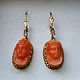 Gold earrings with diamonds and coral cameos of the 19th century, Vintage earrings, Moscow,  Фото №1
