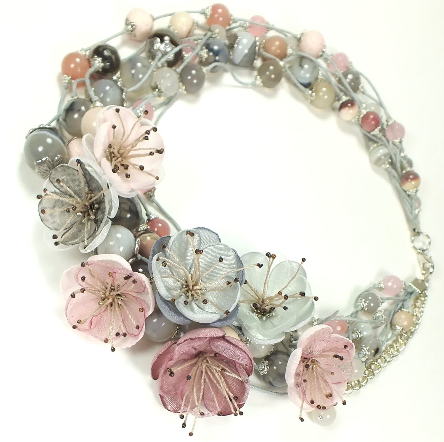 Morning Dreams. Necklace made of natural stones, fabric flowers, Necklace, St. Petersburg,  Фото №1