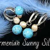 Украшения handmade. Livemaster - original item Shelly jewelry set with turquoise and pearls made of silver DP0008. Handmade.