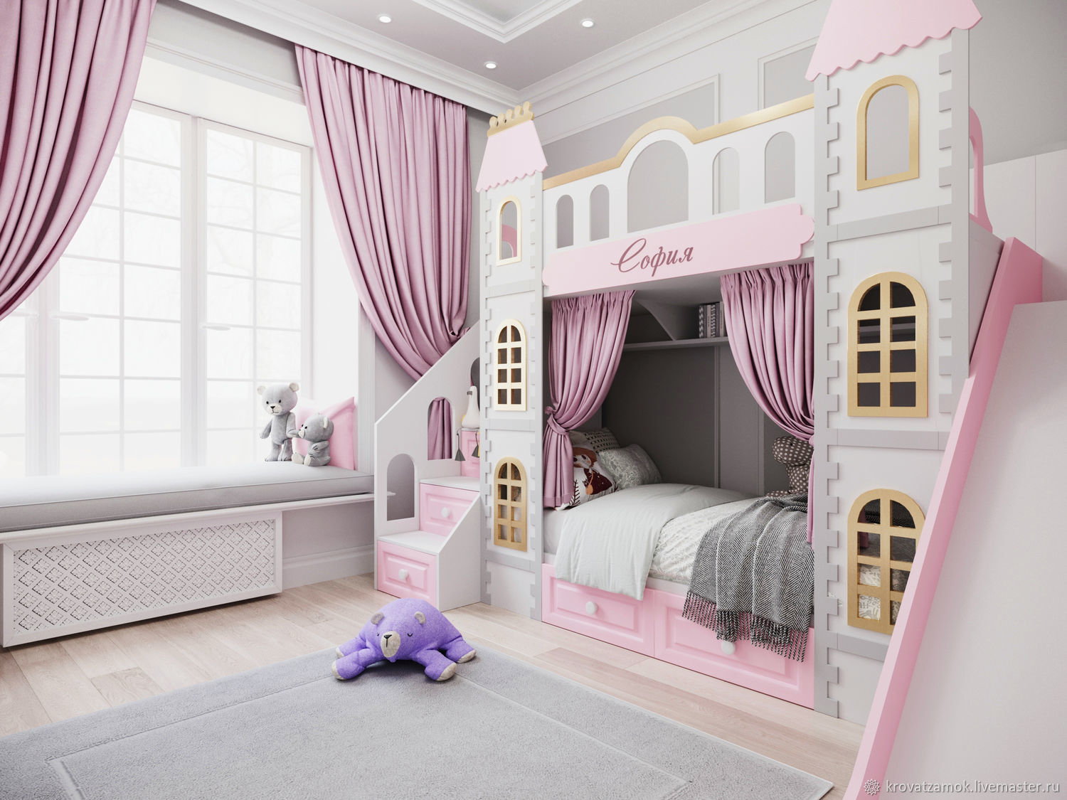 Двухъярусная кровать замок для девочек