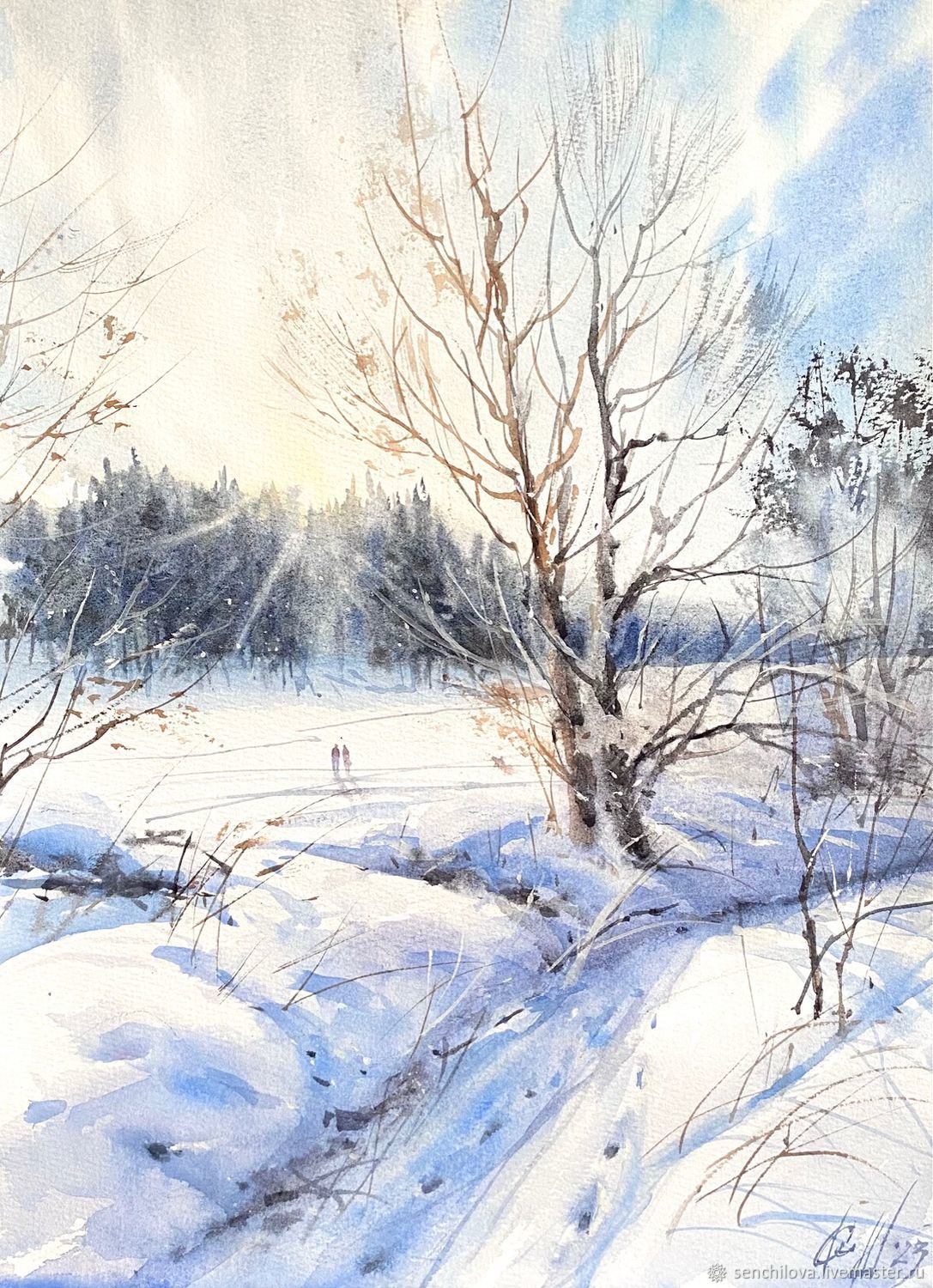 Watercolor painting 'Sunny day. February.' winter landscape, Pictures, Moscow,  Фото №1
