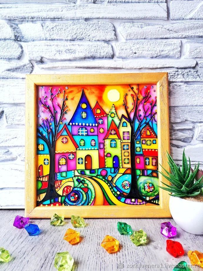 Картины: Витражная картина Разноцветные домики 22х22 см купить в ...